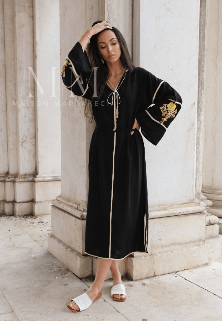 Adriana Black Gold Moroccan Cotton Embroidery Kaftan Caftan,Adriana Black Gold Moroccan Cotton Embroidery Kaftan Caftan