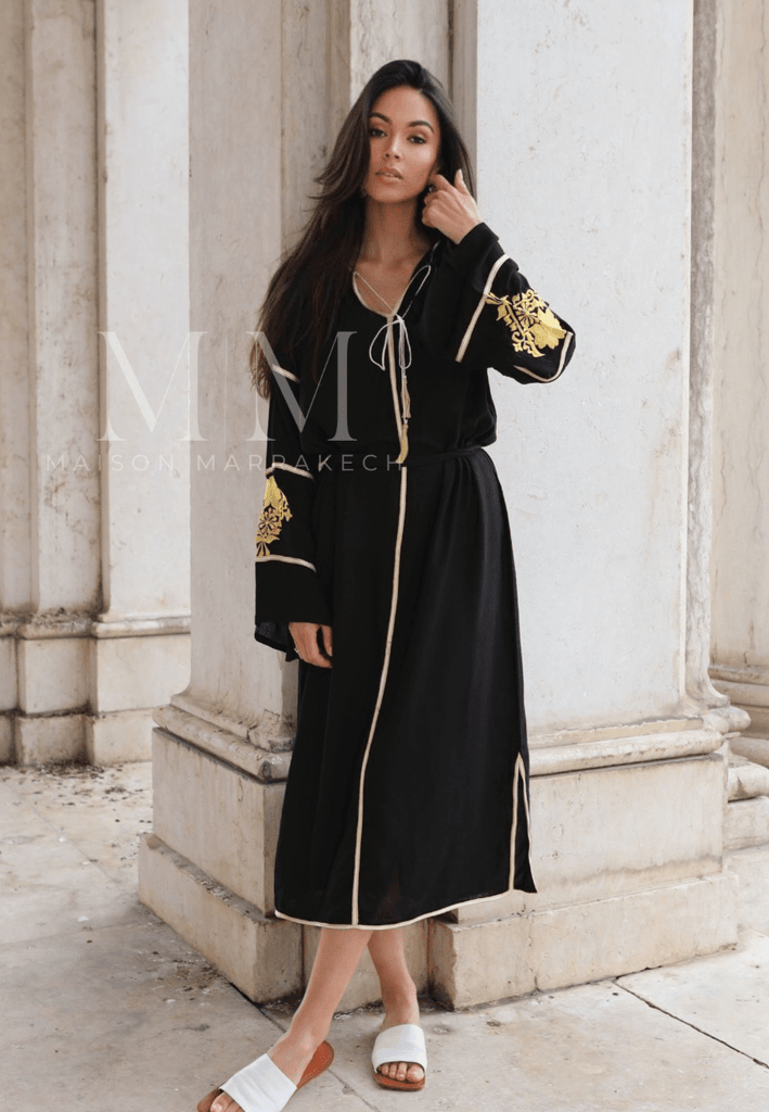 Adriana Black Gold Moroccan Cotton Embroidery Kaftan Caftan,Adriana Black Gold Moroccan Cotton Embroidery Kaftan Caftan