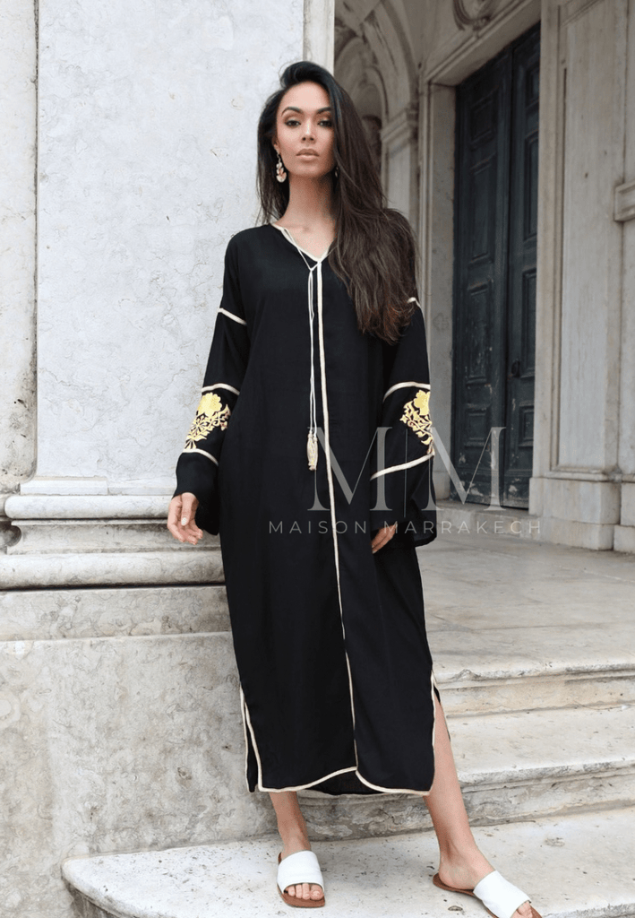 Adriana Black Gold Moroccan Cotton Embroidery Kaftan Caftan,Adriana Black Gold Moroccan Cotton Embroidery Kaftan Caftan