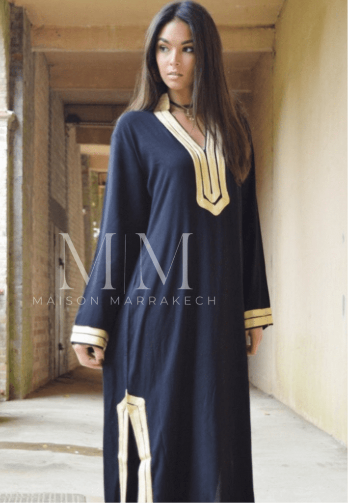 Black Kaftan Mariam Style - Moroccan Embroidered Cotton Kaftan,Black Kaftan Mariam Style - Moroccan Embroidered Cotton Kaftan