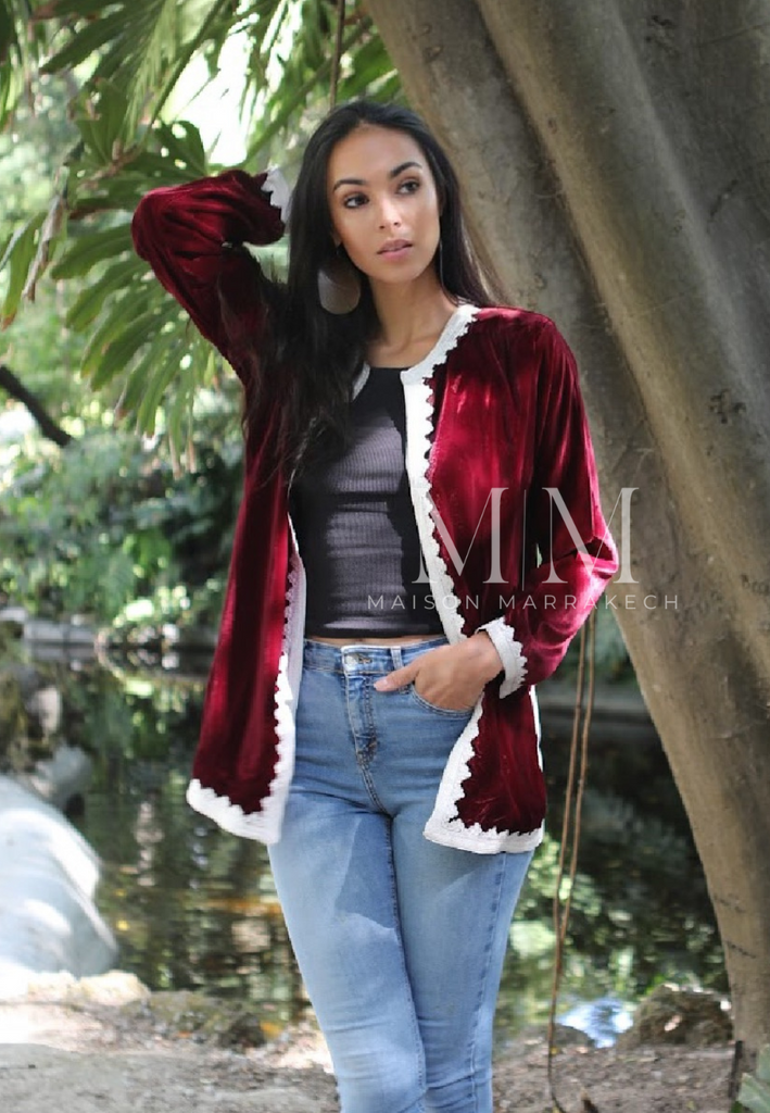 Red Velvet Luxury Bohemian Jacket with Black Embroidery- bohemian Jacket,Red Velvet Luxury Bohemian Jacket with Black Embroidery- bohemian Jacket