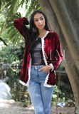 Red Velvet Luxury Bohemian Jacket with Black Embroidery- bohemian Jacket,Red Velvet Luxury Bohemian Jacket with Black Embroidery- bohemian Jacket