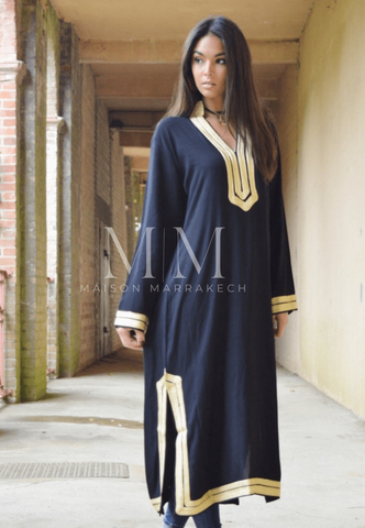 Black Kaftan Mariam Style - Moroccan Embroidered Cotton Kaftan,Black Kaftan Mariam Style - Moroccan Embroidered Cotton Kaftan