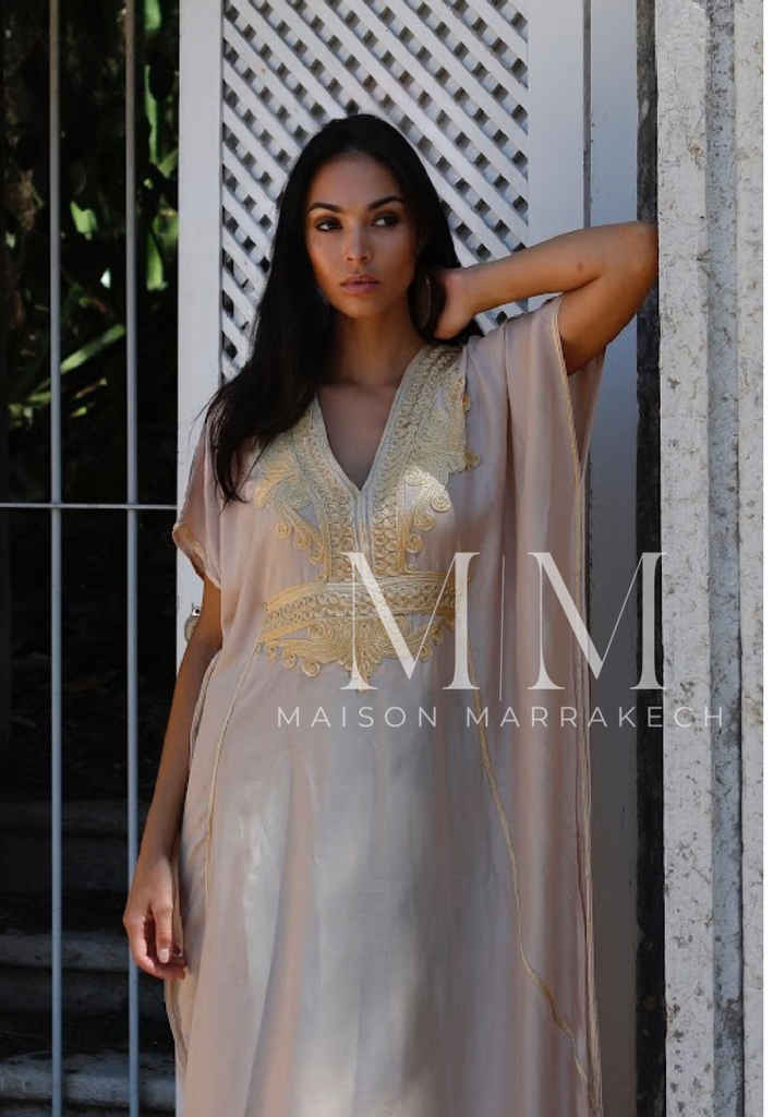 Beige Marrakech Resort Lounge Wear Caftan Kaftan with Gold Embroidery