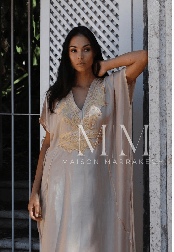 Beige Marrakech Resort Lounge Wear Caftan Kaftan with Gold Embroidery,Beige Marrakech Resort Lounge Wear Caftan Kaftan with Gold Embroidery