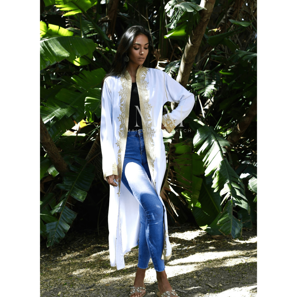 White & Gold Leyla Kimono Long Jacket,White & Gold Leyla Kimono Long Jacket