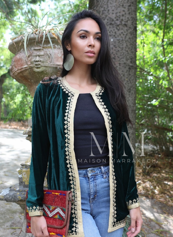 Green Velvet Luxury Bohemian Jacket with Black Embroidery- bohemian Jacket,Green Velvet Luxury Bohemian Jacket with Black Embroidery- bohemian Jacket