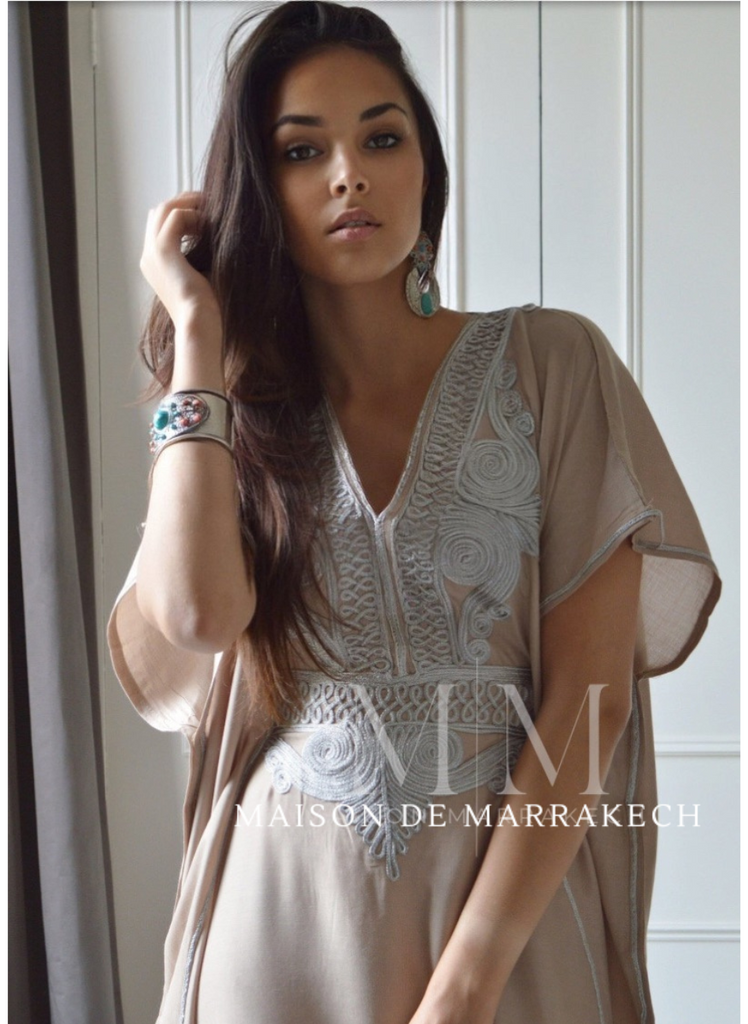 Beige Marrakech Resort Lounge Wear Caftan Kaftan with Silver Embroidery