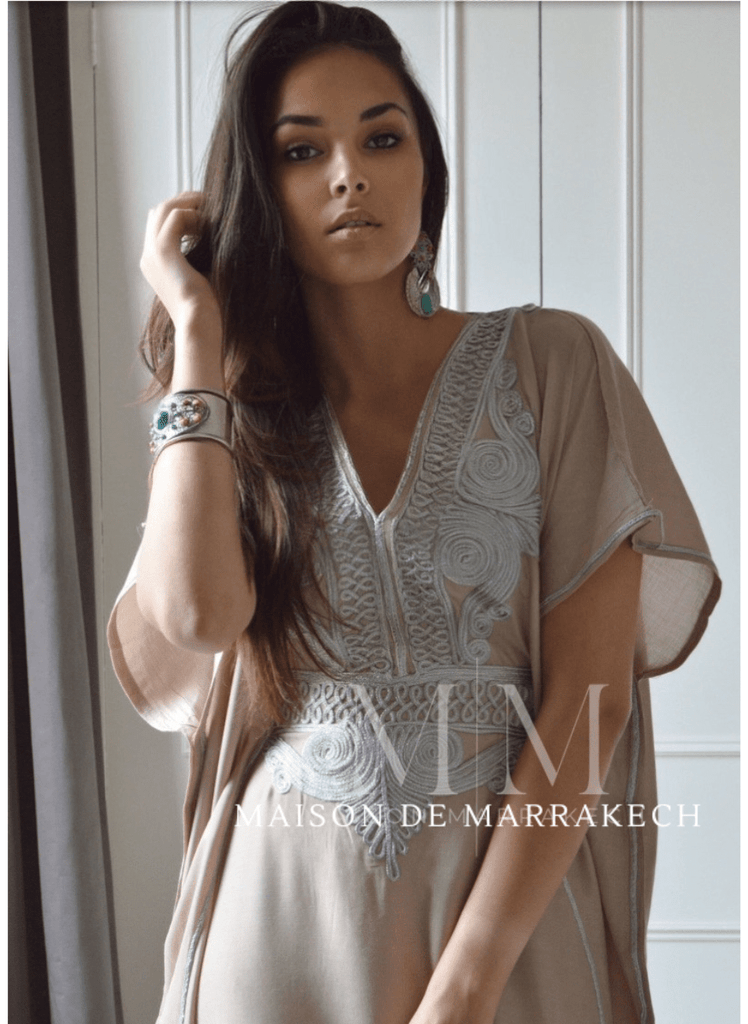 Beige Marrakech Resort Lounge Wear Caftan Kaftan with Silver Embroidery,Beige Marrakech Resort Lounge Wear Caftan Kaftan with Silver Embroidery