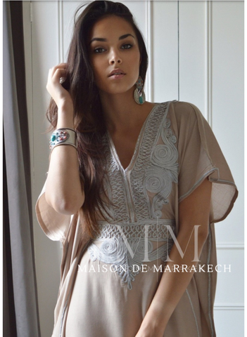 Beige Marrakech Resort Lounge Wear Caftan Kaftan with Silver Embroidery