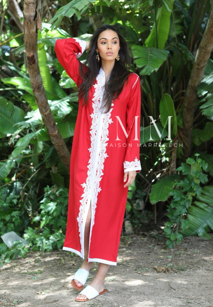 Red & White Karima Kaftan Caftan-Moroccan Kaftan,Red & White Karima Kaftan Caftan-Moroccan Kaftan