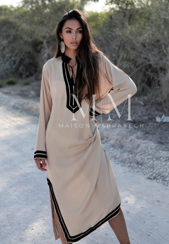 Beige Black Mariam Resort Lounge Kaftan Caftan- Moroccan Kaftan, Vacation, Holiday dress