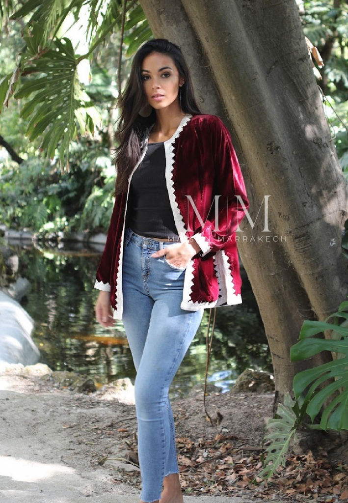 Red Velvet Luxury Bohemian Jacket with Black Embroidery- bohemian Jacket,Red Velvet Luxury Bohemian Jacket with Black Embroidery- bohemian Jacket