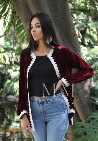 Red Velvet Luxury Bohemian Jacket with Black Embroidery- bohemian Jacket,Red Velvet Luxury Bohemian Jacket with Black Embroidery- bohemian Jacket