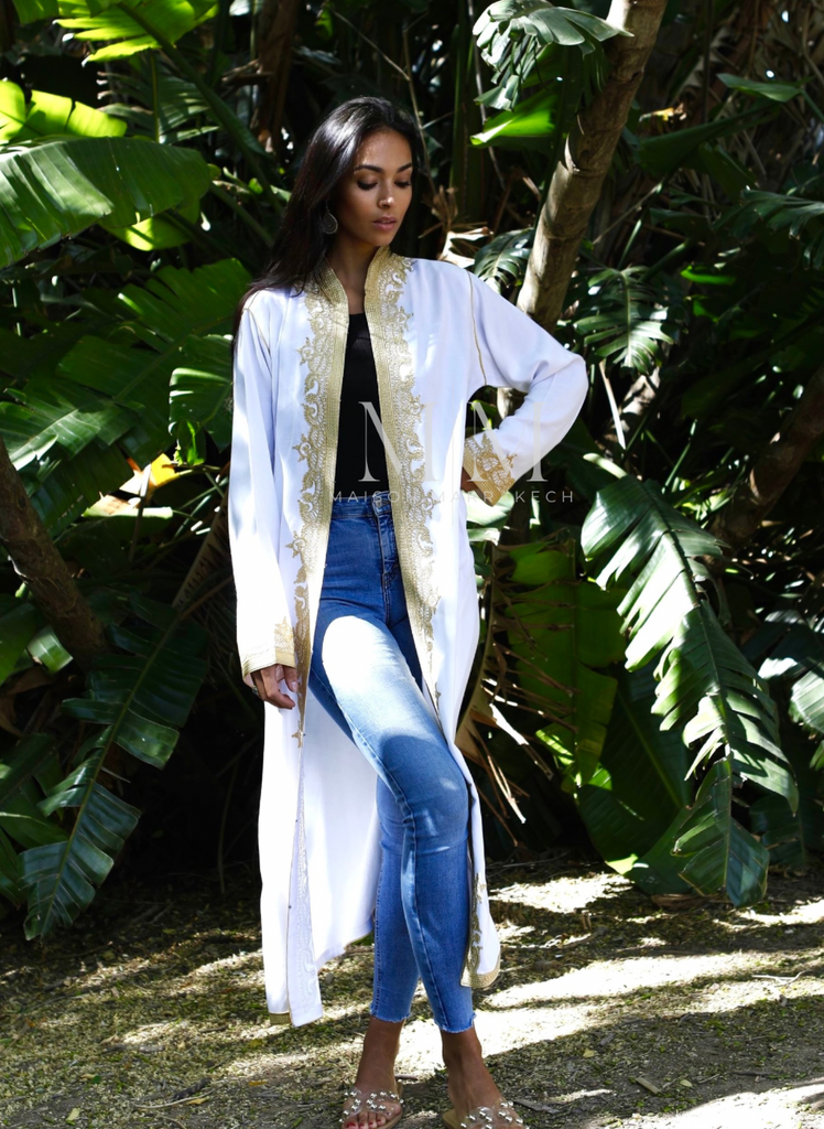 White & Gold Leyla Kimono Long Jacket