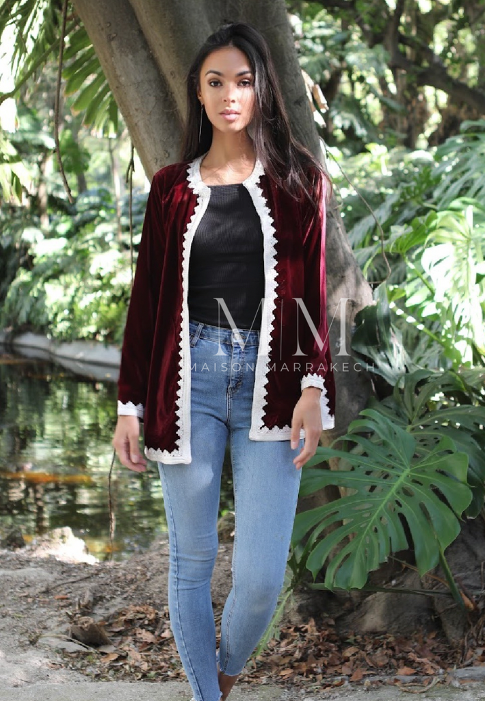 Red Velvet Luxury Bohemian Jacket with Black Embroidery- bohemian Jacket,Red Velvet Luxury Bohemian Jacket with Black Embroidery- bohemian Jacket