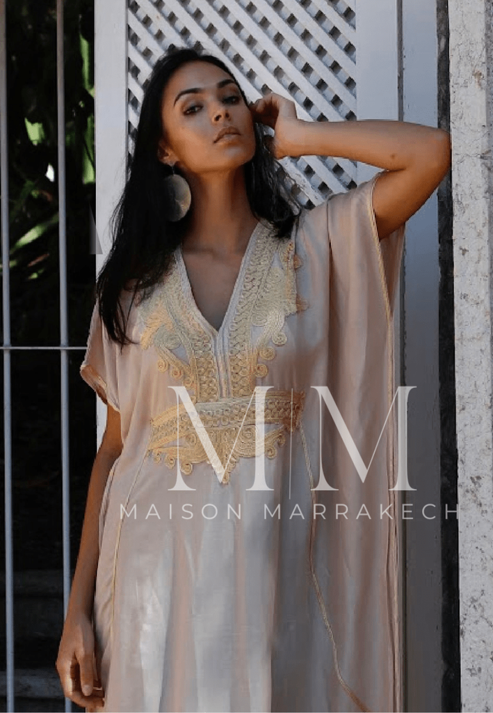 Beige Marrakech Resort Lounge Wear Caftan Kaftan with Gold Embroidery,Beige Marrakech Resort Lounge Wear Caftan Kaftan with Gold Embroidery