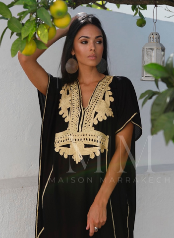 Black with Gold Embroidery Marrakech Resort Kaftan -Moroccan Kaftan