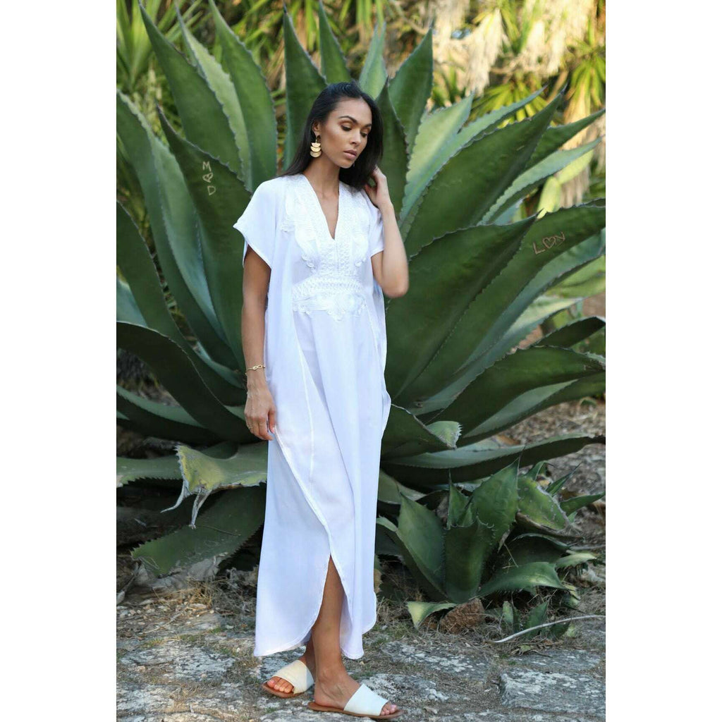 White & White Kaftan Maxi Dress Marrakech Style,White & White Kaftan Maxi Dress Marrakech Style