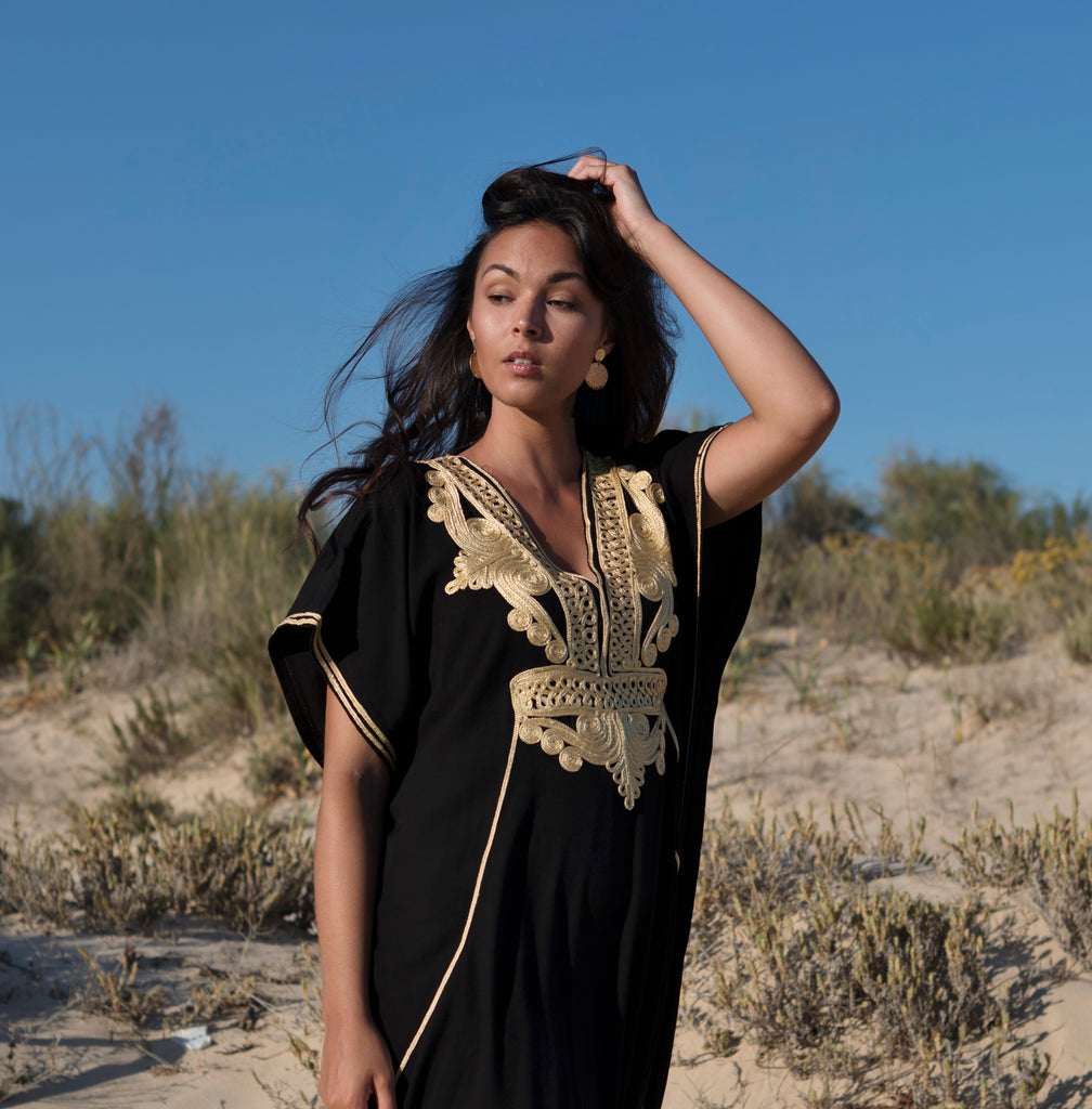 MM Black with Gold Embroidery Marrakech Resort Kaftan -Moroccan Kaftan