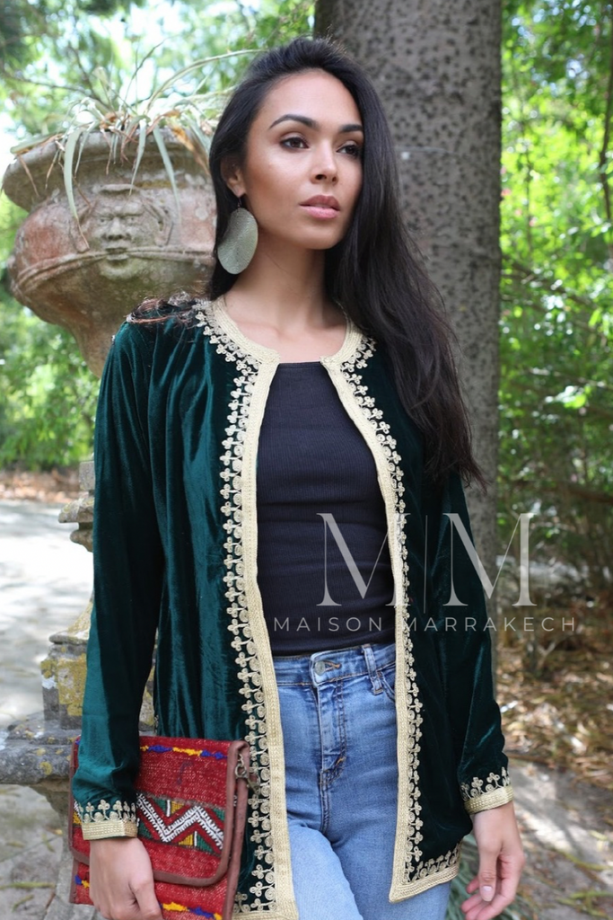 Green Velvet Luxury Bohemian Jacket with Black Embroidery- bohemian Jacket