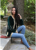 Green Velvet Luxury Bohemian Jacket with Black Embroidery- bohemian Jacket