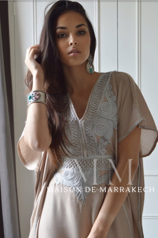 Beige Marrakech Resort Lounge Wear Caftan Kaftan with Silver Embroidery