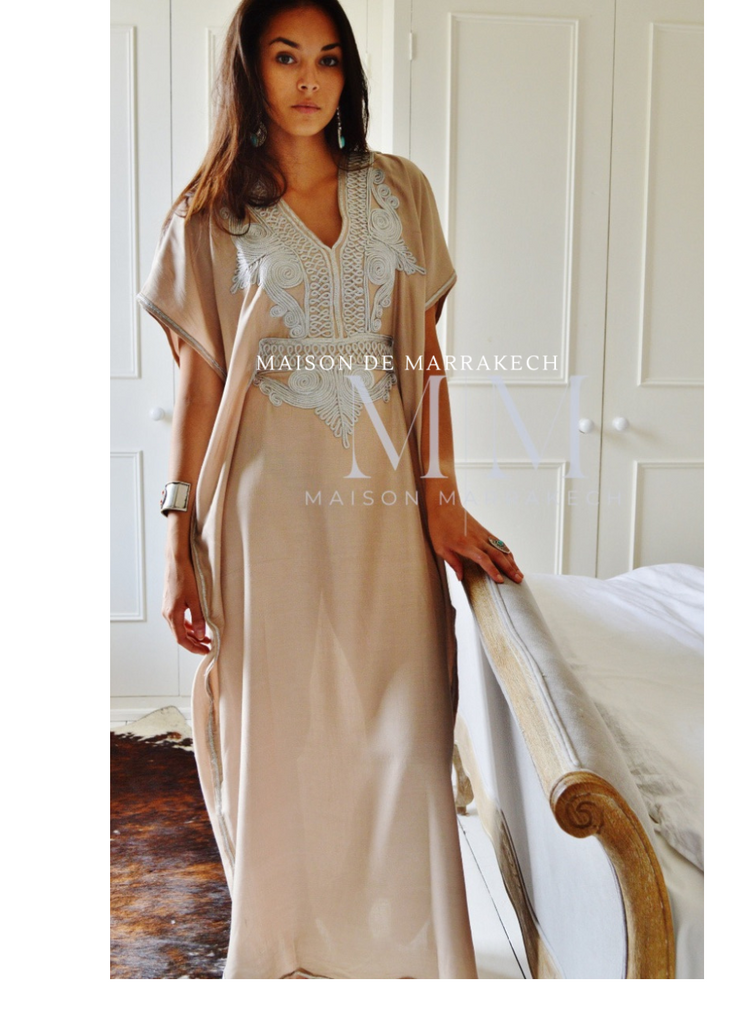 Beige Marrakech Resort Lounge Wear Caftan Kaftan with Silver Embroidery