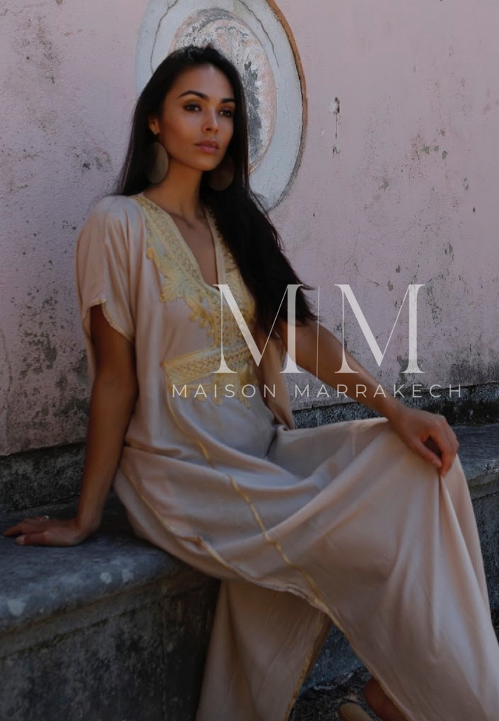 Beige Marrakech Resort Lounge Wear Caftan Kaftan with Gold Embroidery