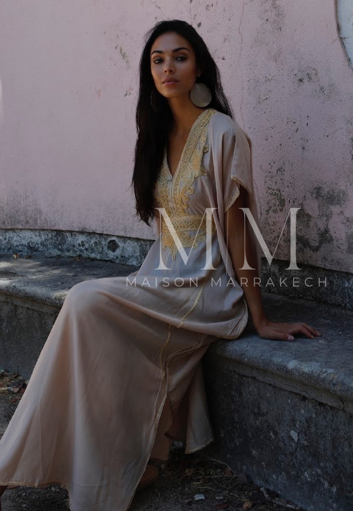 Beige Marrakech Resort Lounge Wear Caftan Kaftan with Gold Embroidery