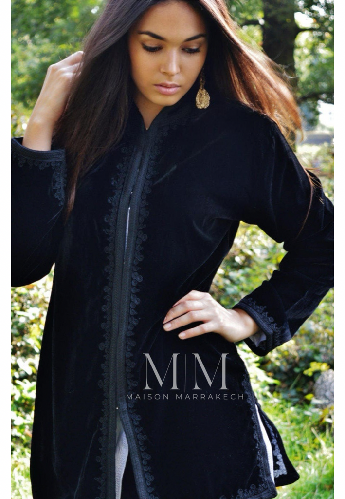 Black Velvet Luxury Bohemian Jacket with Black Embroidery- bohemian Jacket