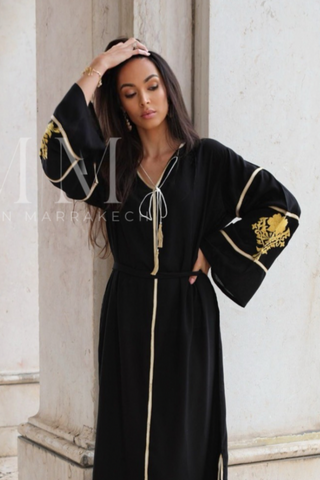 Adriana Black Gold Moroccan Cotton Embroidery Kaftan Caftan