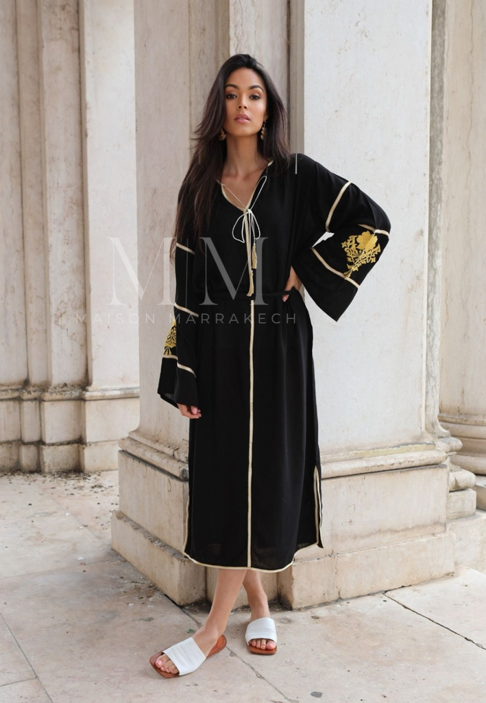 Adriana Black Gold Moroccan Cotton Embroidery Kaftan Caftan