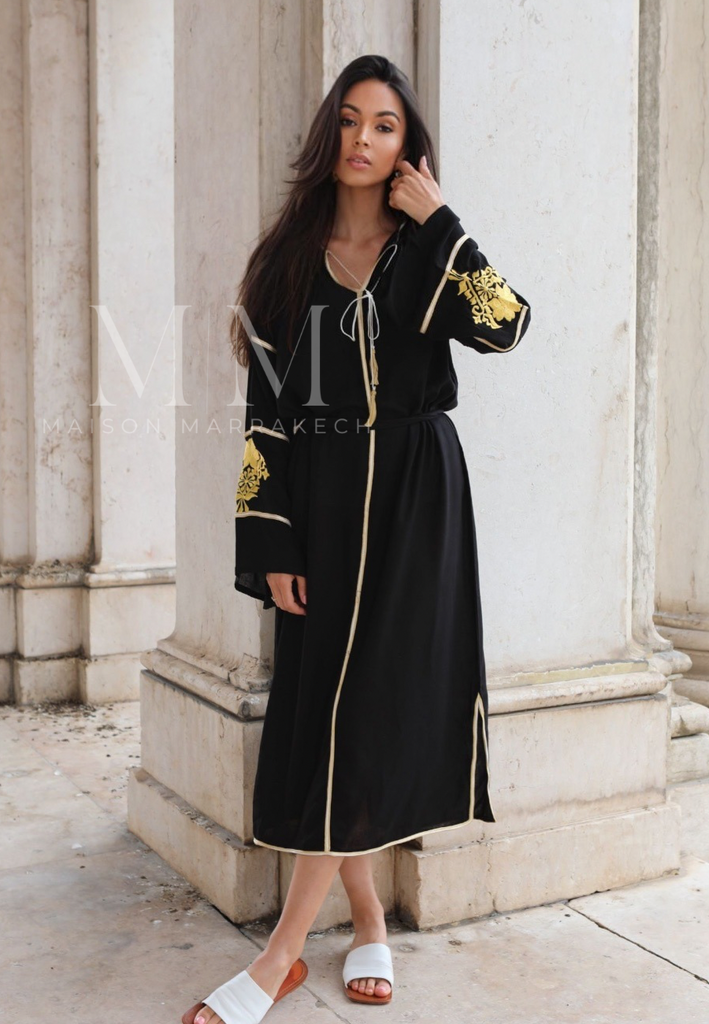 Adriana Black Gold Moroccan Cotton Embroidery Kaftan Caftan