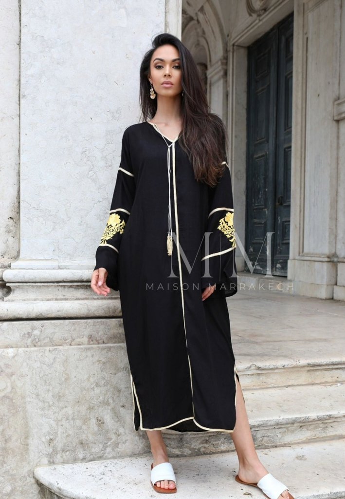 Adriana Black Gold Moroccan Cotton Embroidery Kaftan Caftan