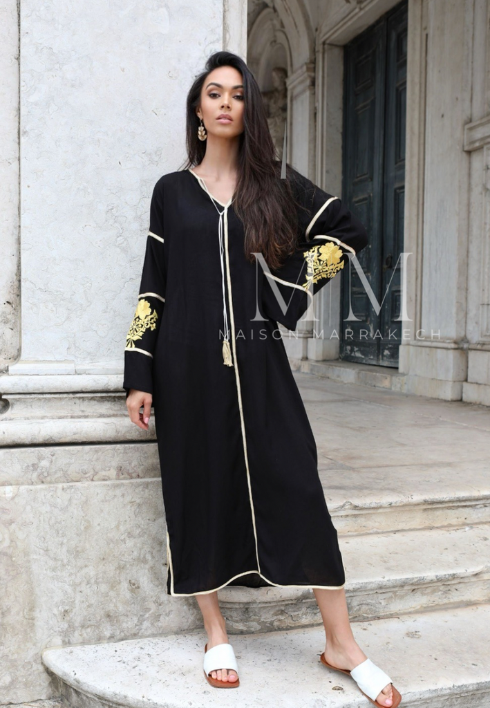 Adriana Black Gold Moroccan Cotton Embroidery Kaftan Caftan