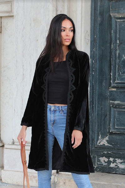 New Black Velvet Luxury Bohemian Jacket with Black Embroidery- bohemian Jacket