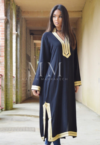 Black Kaftan Mariam Style - Moroccan Embroidered Cotton Kaftan