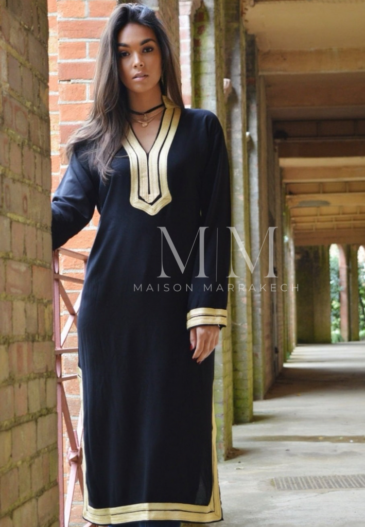 Black Kaftan Mariam Style - Moroccan Embroidered Cotton Kaftan