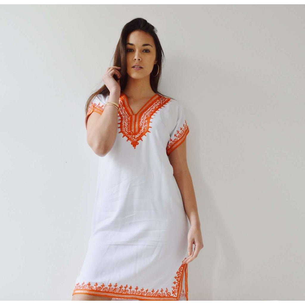 White with Orange Embroidery Tunic Dress-Moroccan Dress | Maison De ...